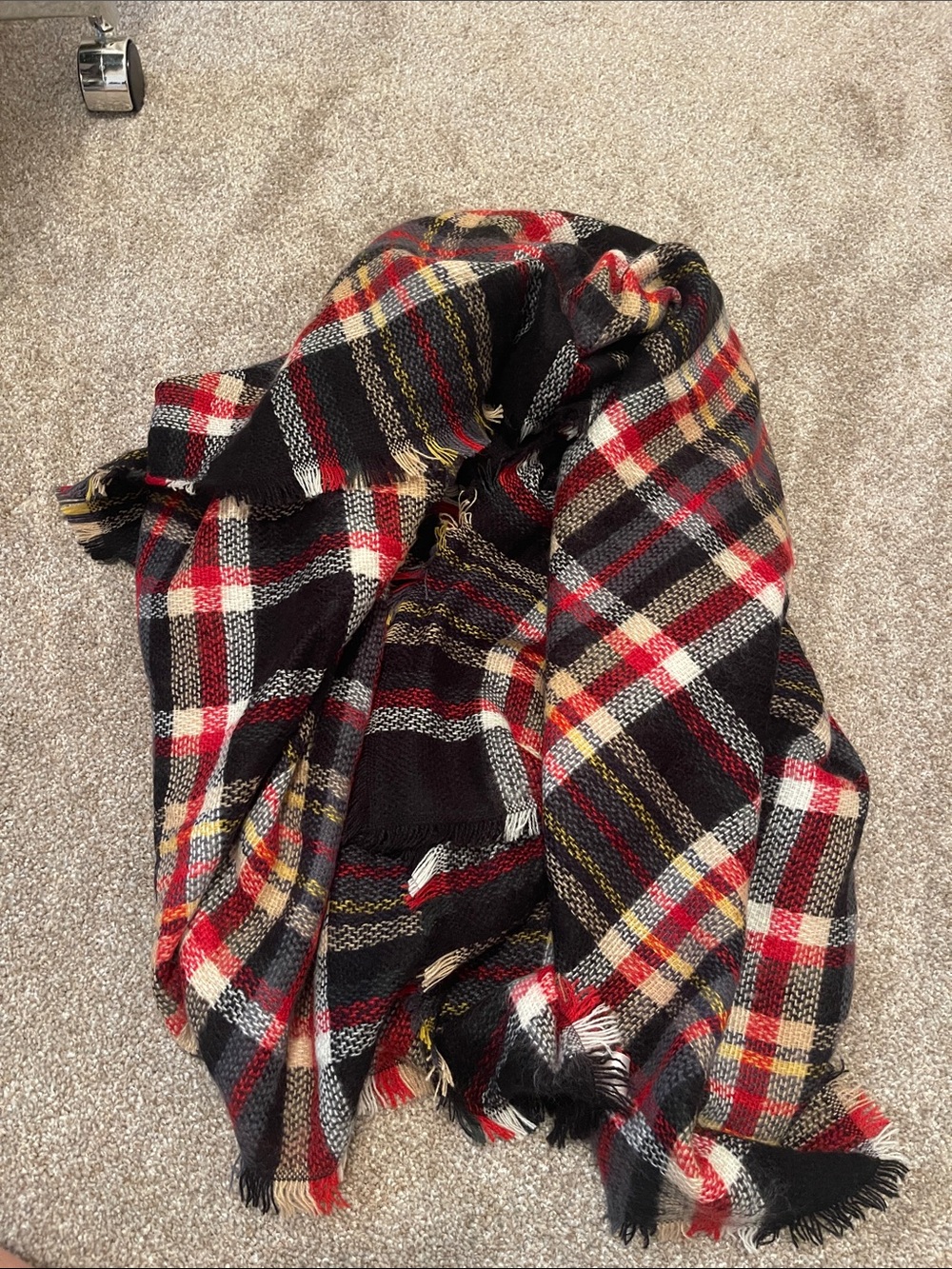 Black Plaid Fringe Wrap Scarf with Red, Cream, and Yellow Accents